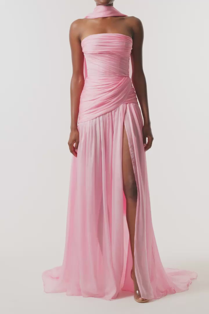 Monique Lhuillier Fall 2026 Sweetpea Iridescent Chiffon strapless asymmetric draped gown with scarf - video.