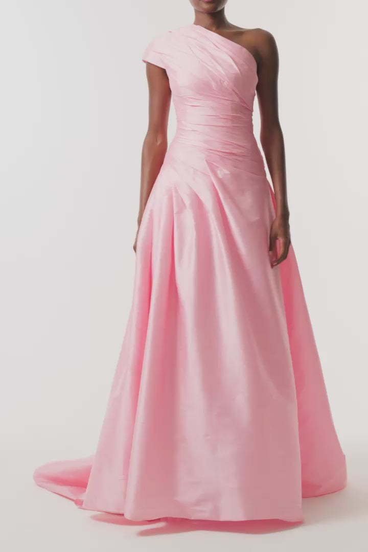 Monique Lhuillier Fall 2026 Sweatpea Taffeta one-shoulder draped ballgown - video.