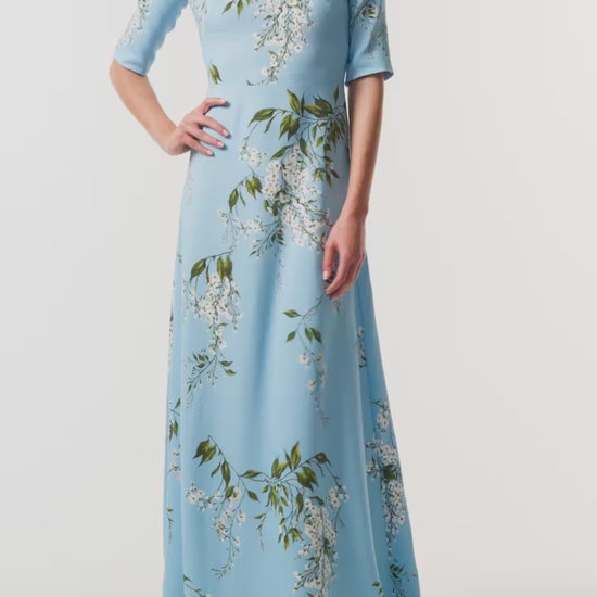 Monique Lhuillier Fall 2026 Horizon Blue Multi Wisteria Printed Crepe Short sleeve gown  - video.