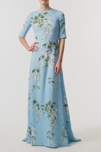 Monique Lhuillier Fall 2026 Horizon Blue Multi Wisteria Printed Crepe Short sleeve gown  - video.