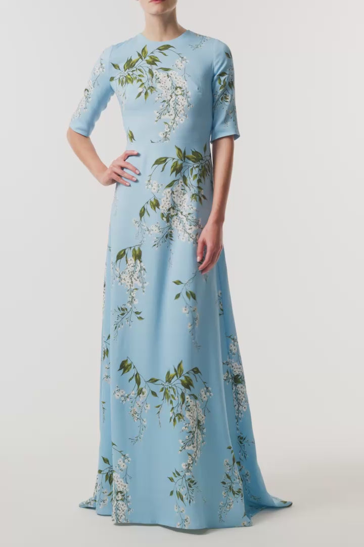 Monique Lhuillier Fall 2026 Horizon Blue Multi Wisteria Printed Crepe Short sleeve gown  - video.