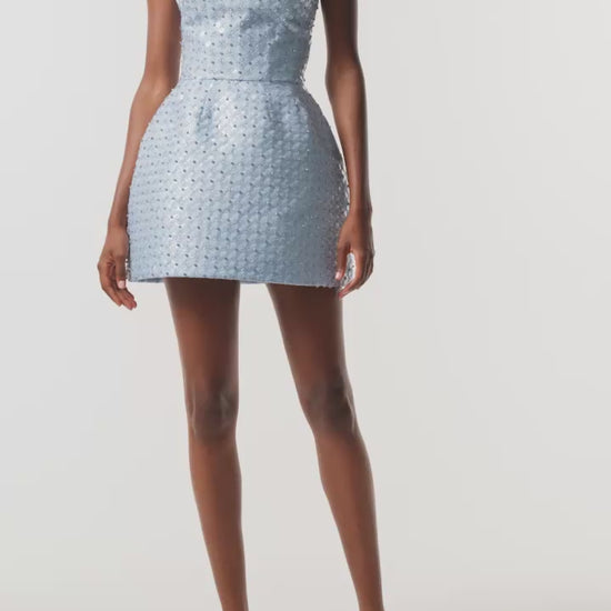 Monique Lhuillier Fall 2026 Pale blue embroidered Mikado Piqué strapless sculpted midi dress -video.