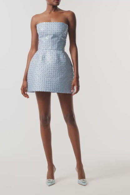 Monique Lhuillier Fall 2026 Pale blue embroidered Mikado Piqué strapless sculpted midi dress -video.