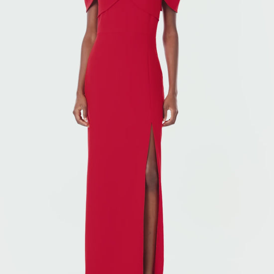 ML Monique Lhuillier red crêpe long dress with off the shoulder, sweetheart neckline.