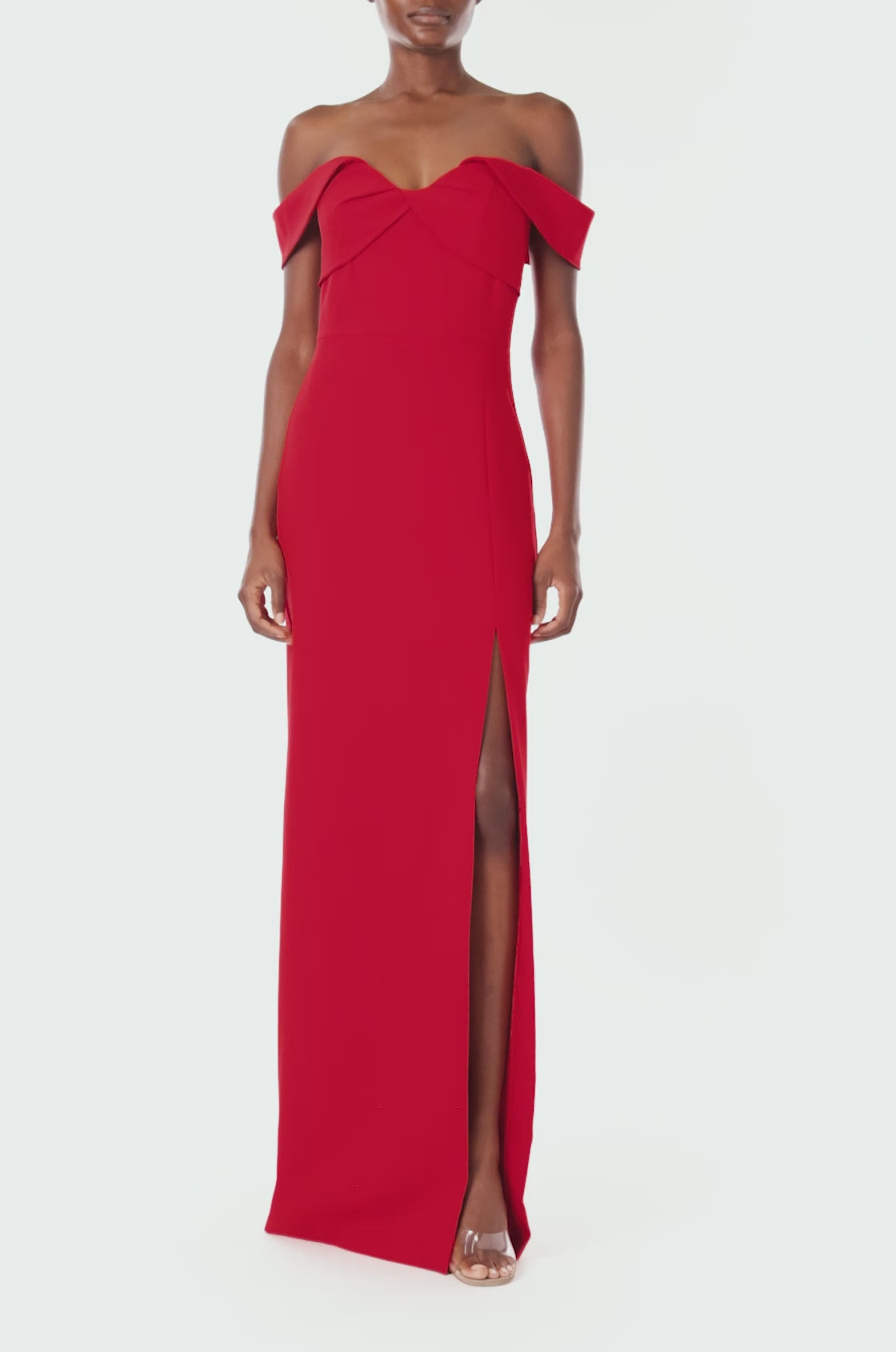ML Monique Lhuillier red crêpe long dress with off the shoulder, sweetheart neckline.