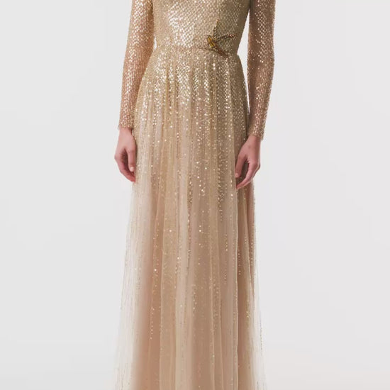 Monique Lhuillier Fall 2025 Gold embroidered tulle Long Sleeve Gown - video.