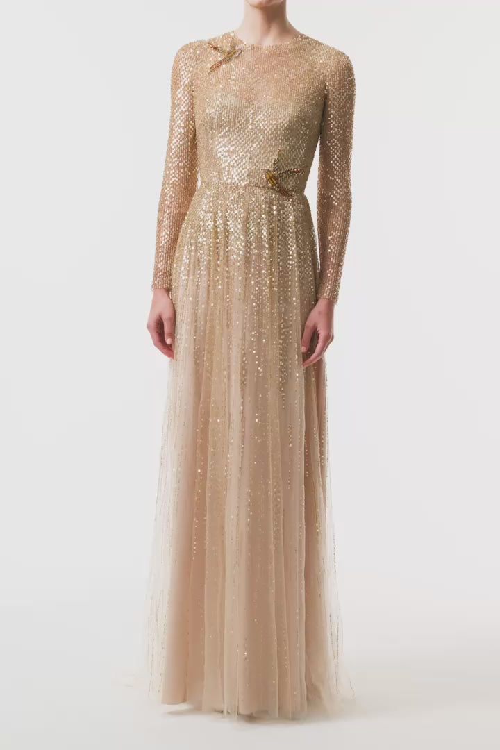 Monique Lhuillier Fall 2025 Gold embroidered tulle Long Sleeve Gown - video.