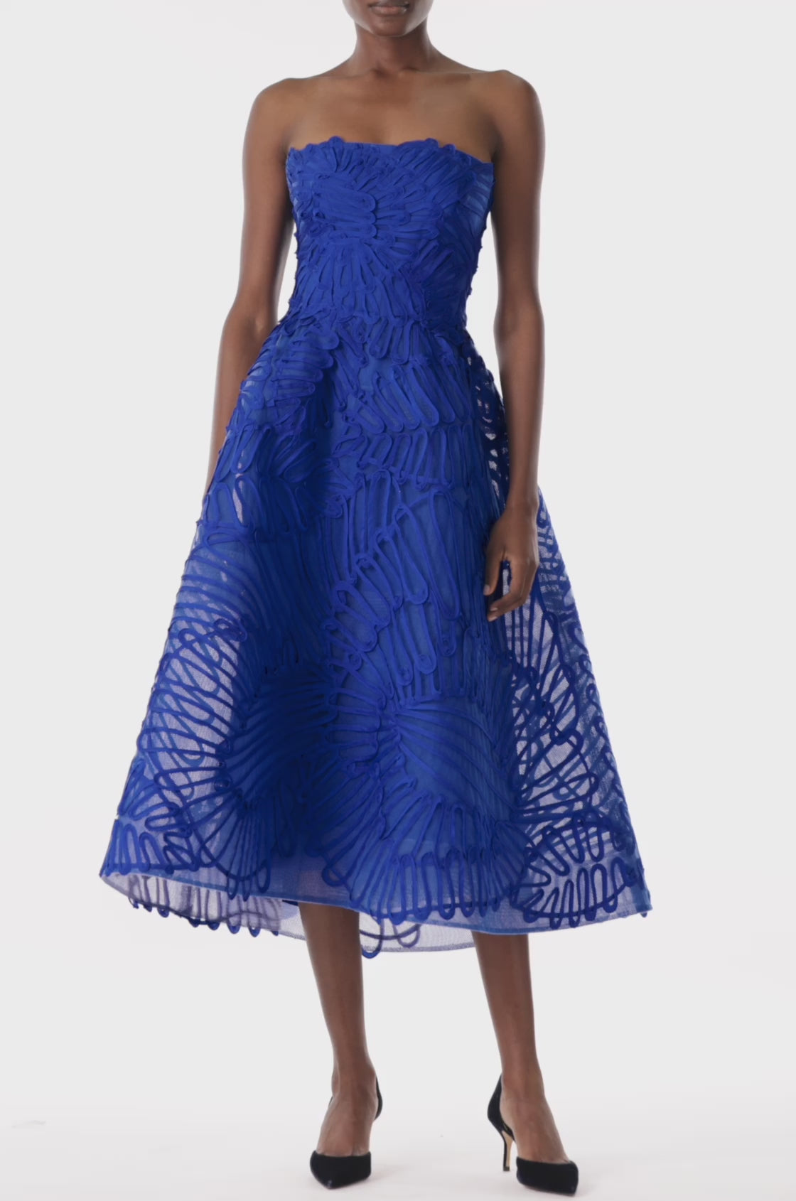 Monique Lhuillier embroidered royal blue strapless cocktail dress with tea-length full skirt.