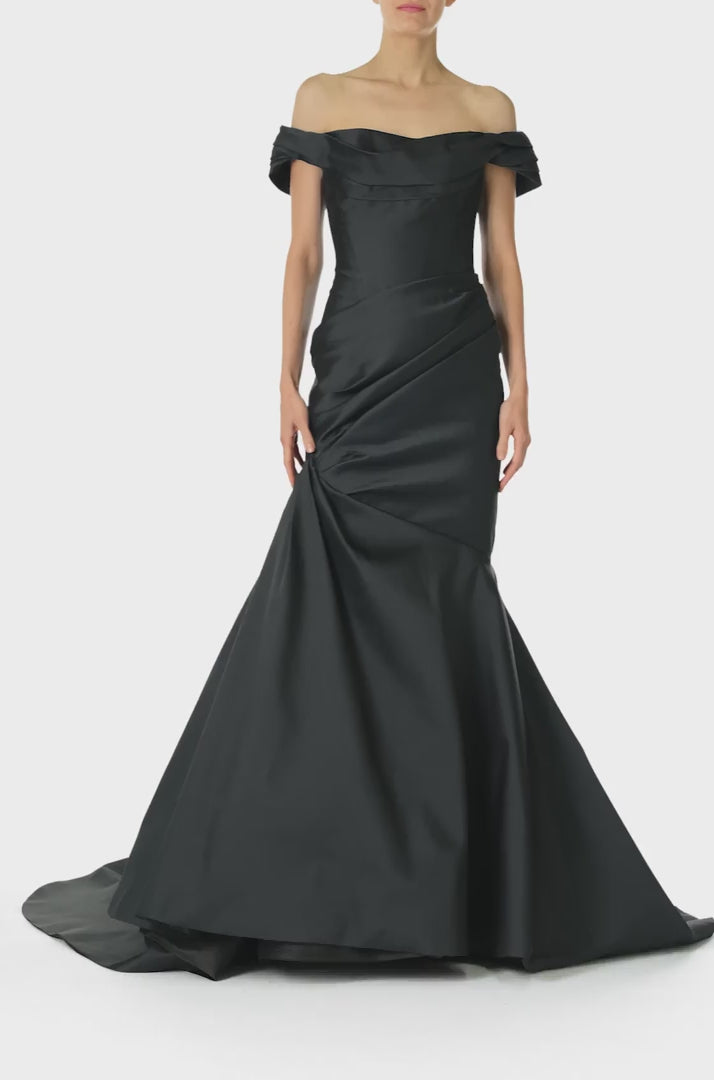 Monique Lhuillier Fall 2024 off-the-shoulder, draped gown with trumpet skirt and low back - video.