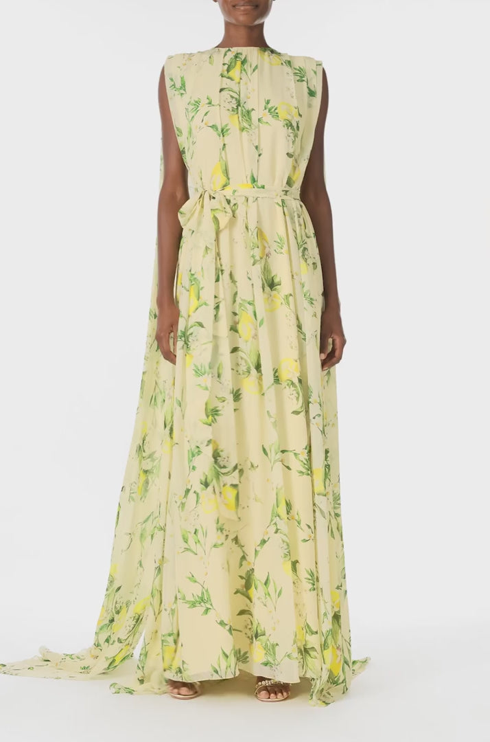 Monique Lhuillier Spring 2025 Lemon printed georgette sleeveless draped gown with integral cape - video.