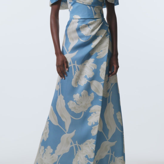 Monique Lhuillier Spring 2026 Bluebelle Multi Floating Tulip Printed Gazar Asymmetric draped off-the-shoulder A-line gown - video.