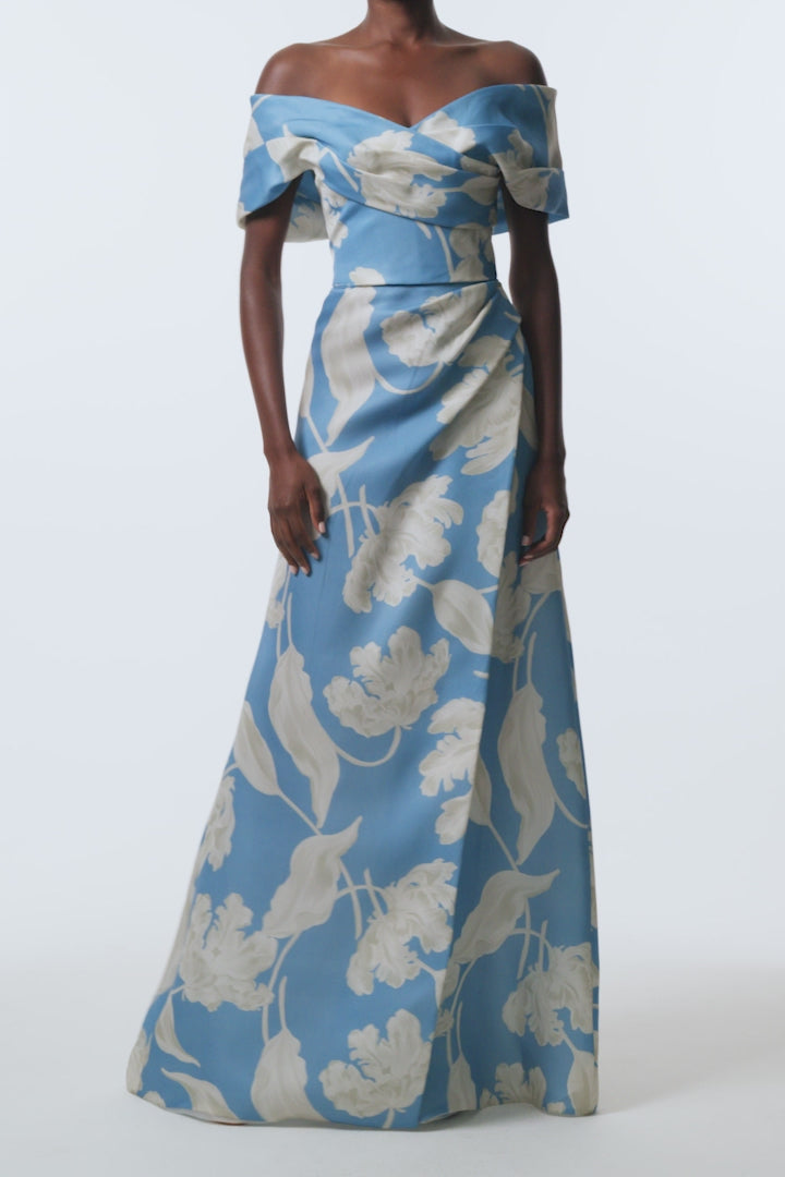 Monique Lhuillier Spring 2026 Bluebelle Multi Floating Tulip Printed Gazar Asymmetric draped off-the-shoulder A-line gown - video.