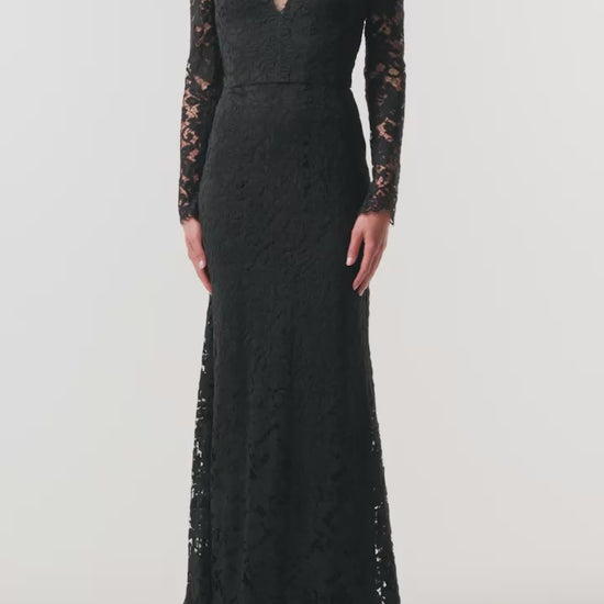 Monique Lhuillier Fall 2026 Noir Peony Lace deep V long sleeve gown - video.