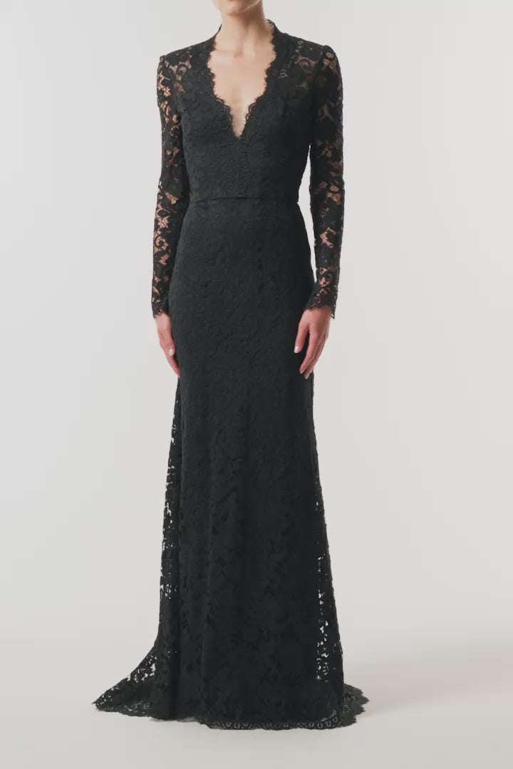 Monique Lhuillier Fall 2026 Noir Peony Lace deep V long sleeve gown - video.