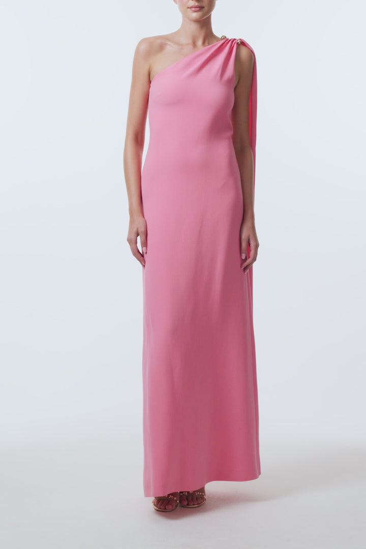Monique Lhuillier Spring 2026 Plumeria Lighweight Silk Wool Suiting One shoulder draped gown with gold ball piercing - video.