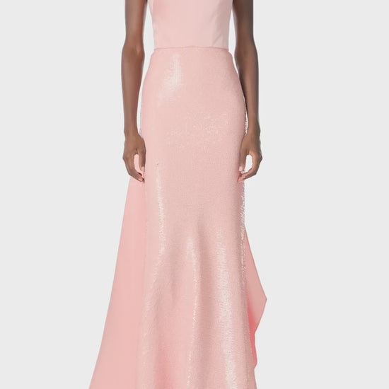 Monique Lhuillier Spring 2025 Strapless sequin column gown with satin bodice and floor length train in Rosette color - video.