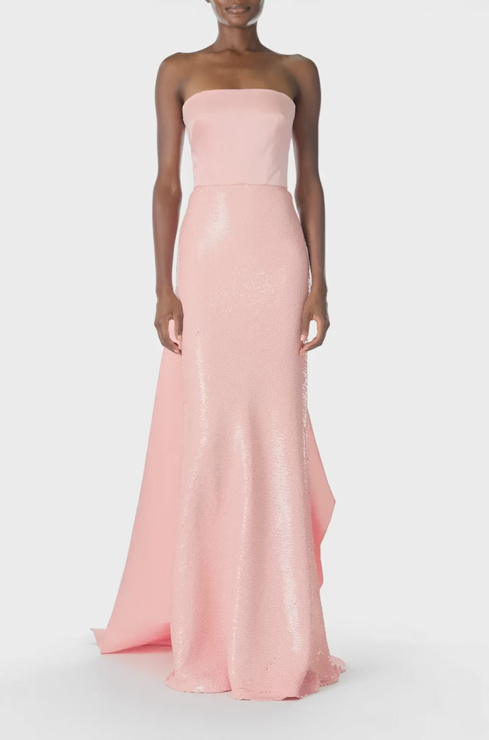 Monique Lhuillier Spring 2025 Strapless sequin column gown with satin bodice and floor length train in Rosette color - video.