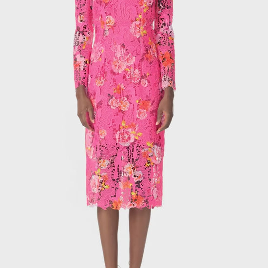 Monique Lhuillier Long sleeve, fuchsia silk white printed lace sheath dress with jewel neckline and detached mini slip lining - video.