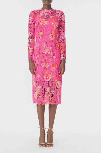 Monique Lhuillier Long sleeve, fuchsia silk white printed lace sheath dress with jewel neckline and detached mini slip lining - video.