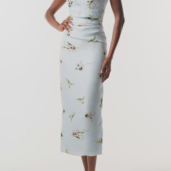 Monique Lhuillier Fall 2026 Breeze Multi Floating Posies Printed Gazar Strapless draped bodice cocktail dress - video.