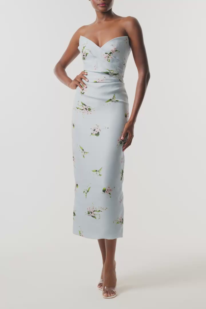 Monique Lhuillier Fall 2026 Breeze Multi Floating Posies Printed Gazar Strapless draped bodice cocktail dress - video.