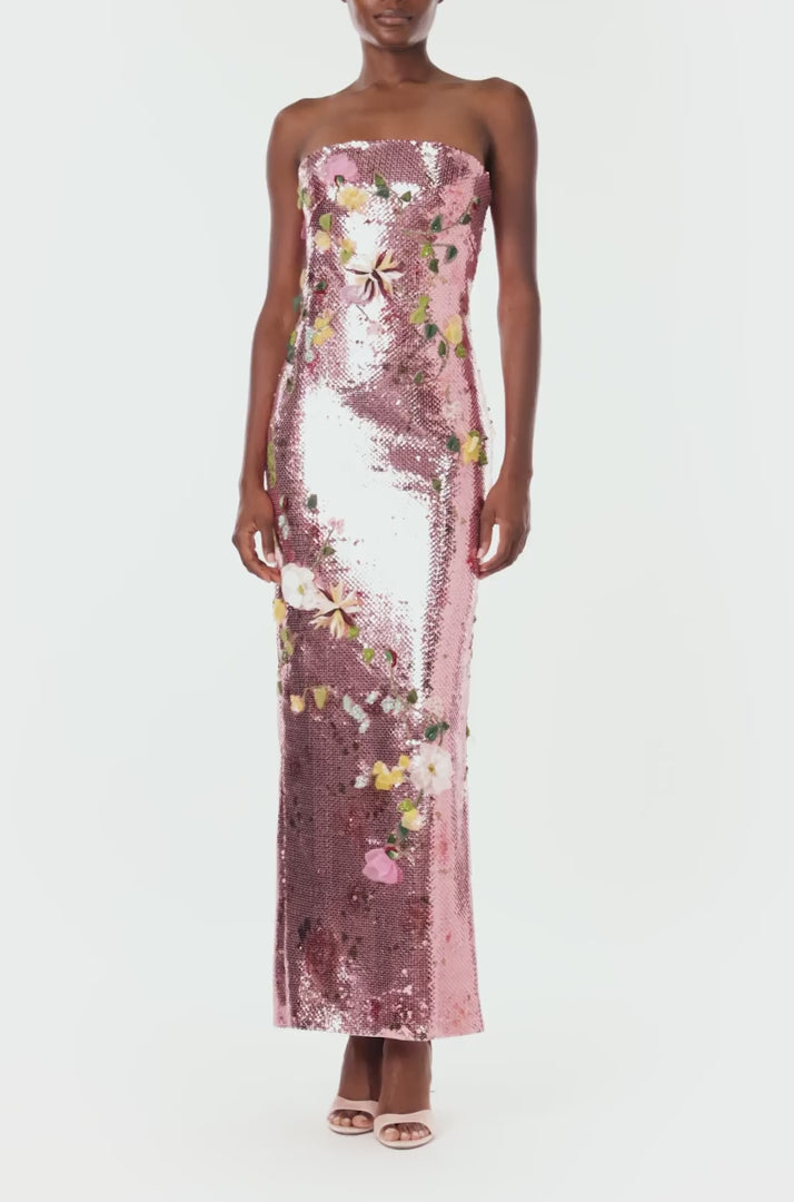 Monique Lhuillier Spring 2024 strapless column gown in cerise colored sequins and floral embroidery - video.