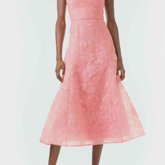 ML Monique Lhuillier 2024 strapless midi dress with flared skirt in Coral Rose embroidered lace - video.