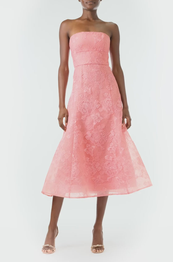 ML Monique Lhuillier 2024 strapless midi dress with flared skirt in Coral Rose embroidered lace - video.