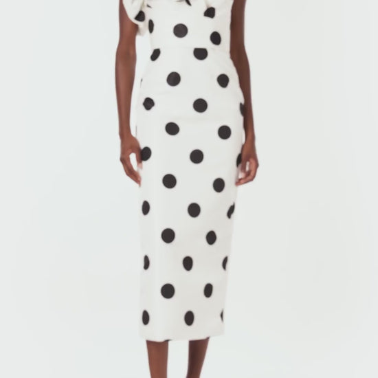 Monique Lhuillier one shoulder white silk faille dress with black polka dots and ruffle sculptural shoulder.