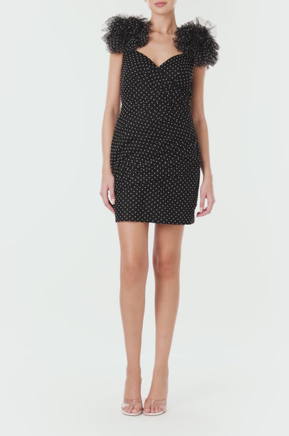 ML Monique Lhuillier black and white dotted tulle mini dress with puff shoulder accents.