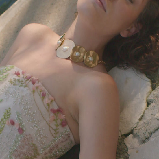 Monique Lhuillier Spring 2025 strapless dress with tea length skirt in Prosecco Multi colored embroidered tulle - video on model at lookbook shoot.