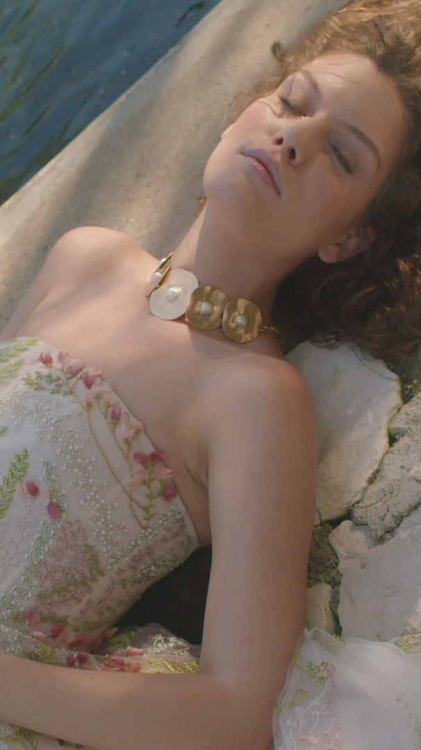 Monique Lhuillier Spring 2025 strapless dress with tea length skirt in Prosecco Multi colored embroidered tulle - video on model at lookbook shoot.