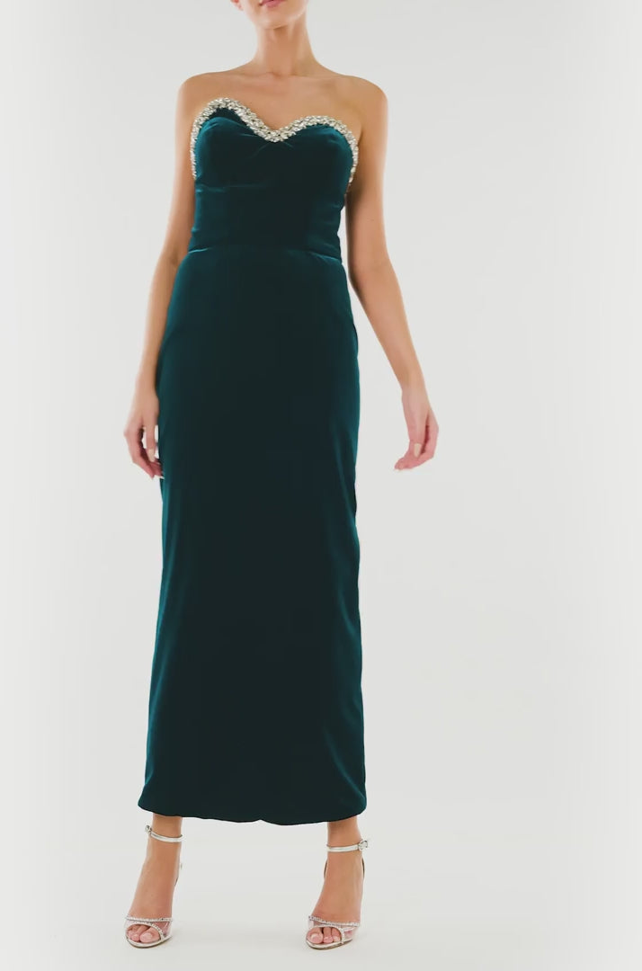 Monique Lhuillier dark teal strapless, tea length column dress with asymmetric bodice and crystal embroidery detail at neckline.