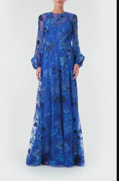 Monique Lhuilier Spring 2024 royal blue embroidered tulle long sleeve column gown with jewel neckline and detached slip lining - video.