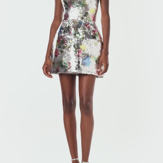 Monique Lhuillier Spring 2024 printed silver sequin strapless cocktail dress with structured skirt - video.