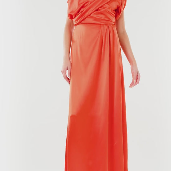 Monique Lhuillier Poppy Red crepe satin evening gown with draped bodice.