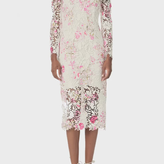 Monique Lhuillier Long sleeve, lace sheath dress with jewel neckline and detached slip lining in silk white & fuchsia printed lace - video.