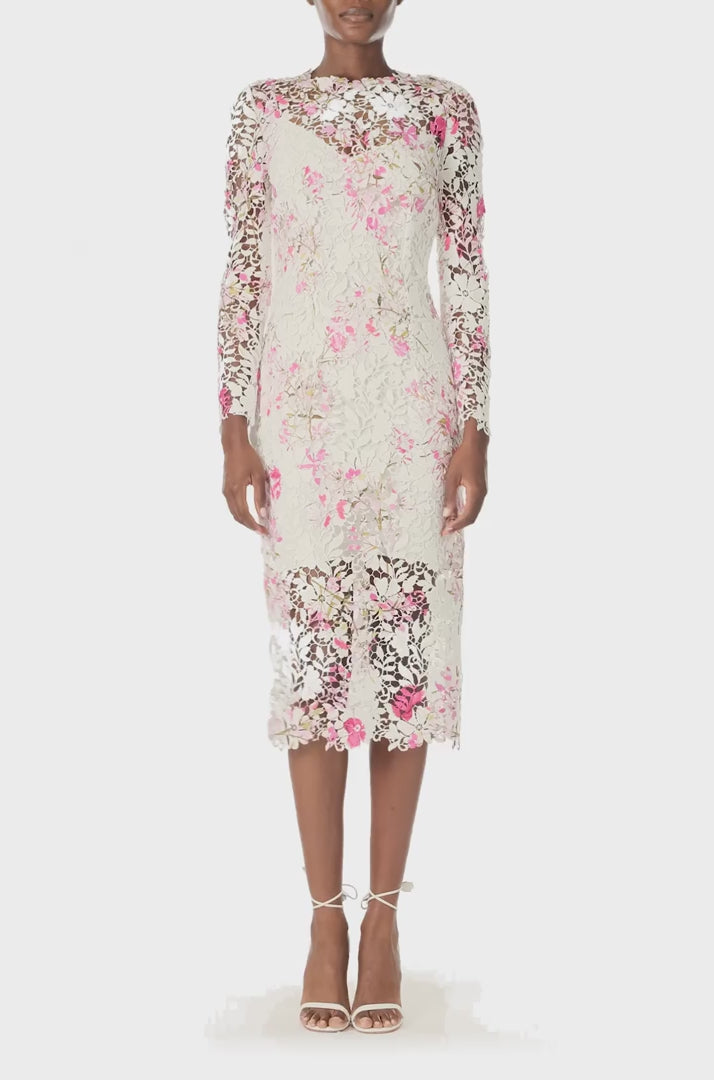 Monique Lhuillier Long sleeve, lace sheath dress with jewel neckline and detached slip lining in silk white & fuchsia printed lace - video.