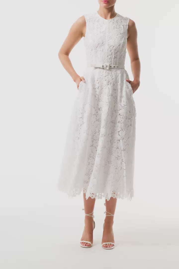 Monique Lhuillier Fall 2025 Silk White orchid lace sleeveless dress with belt - video.