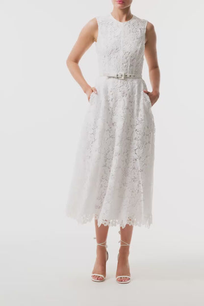 Monique Lhuillier Fall 2025 Silk White orchid lace sleeveless dress with belt - video.