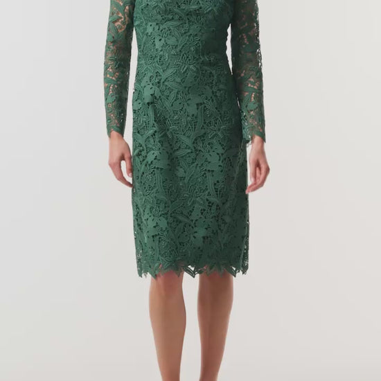 Monique Lhuillier Fall 2026 Sycamore guipure lace long sleeve high neck knee-length gown - video.