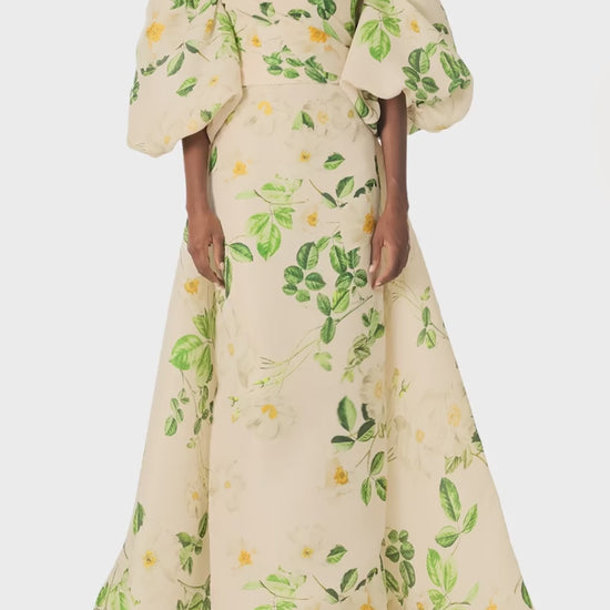 Monique Lhuillier Spring 2025 Off-the-shoulder, rose printed gazar cape with blouson puff sleeves - video.