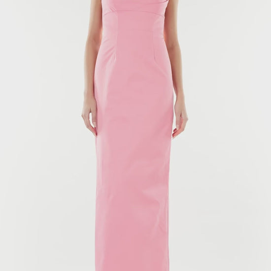 ML Monique Lhuillier pink faille long dress with draped neckline.