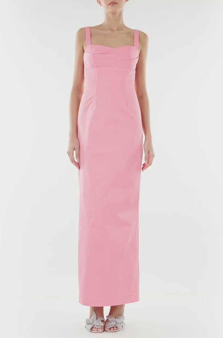 ML Monique Lhuillier pink faille long dress with draped neckline.