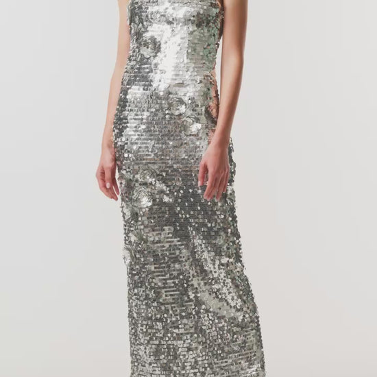 Monique Lhuillier Fall 2026 Chrome Embellished sequin floral cocktail dress - video.