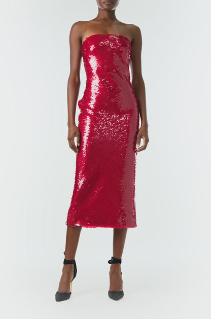 Monique Lhuillier Fall 2024 Strapless, column cocktail dress in Scarlet sequin - video.