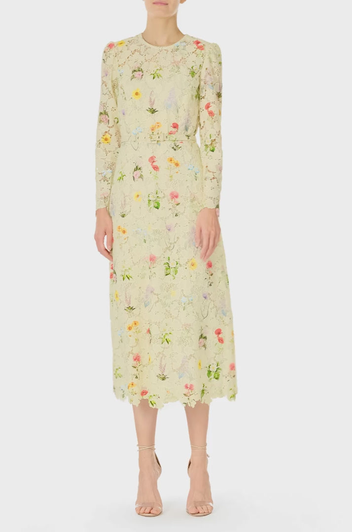 Monique Lhuillier Spring 2025 Long sleeve midi dress with jewel neckline and self-fabric belt at waist in Limoncello /Multi floral lace - video.