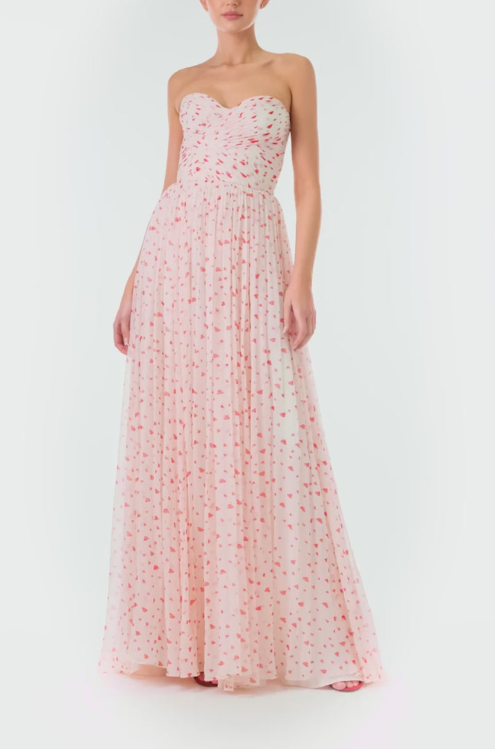 Monique Lhuillier Fall 2024 strapless chiffon gown with gathered sweetheart bodice in heart printed chiffon fabric - video.