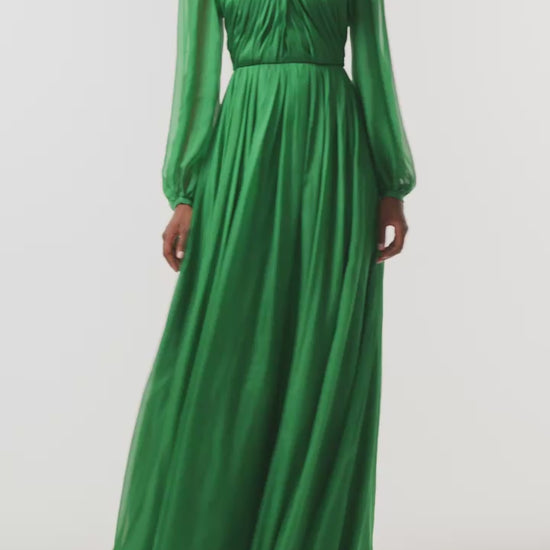 Monique Lhuillier Fall 2026 Sycamore Iridescent Chiffon long sleeve draped bodice gown - video.