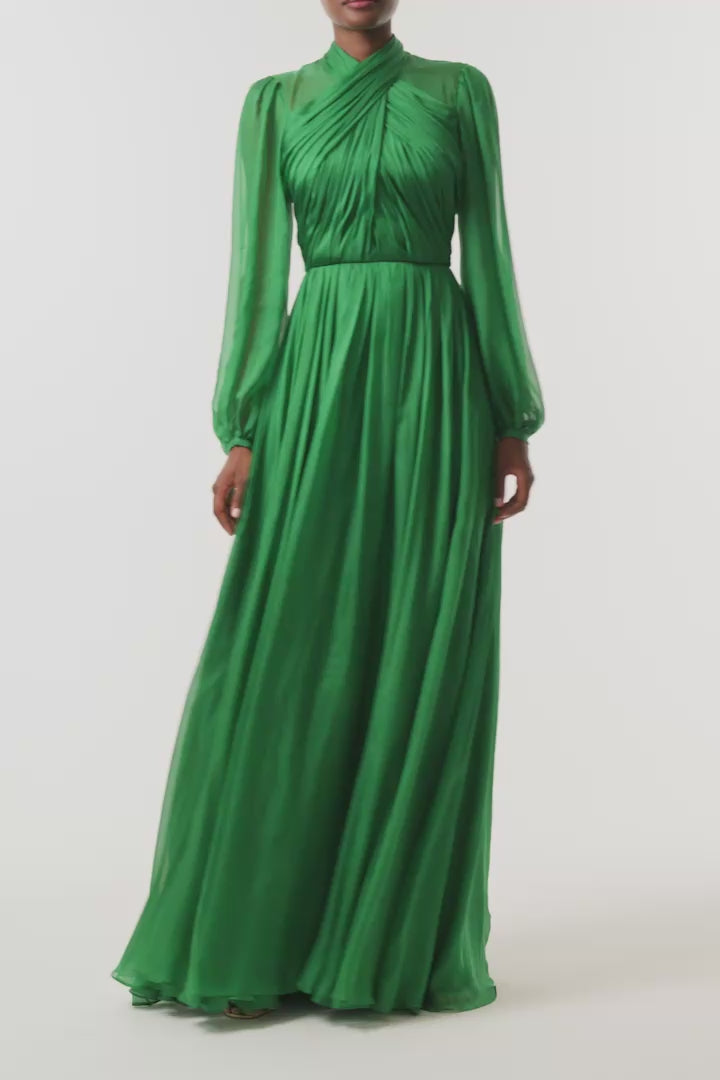 Monique Lhuillier Fall 2026 Sycamore Iridescent Chiffon long sleeve draped bodice gown - video.